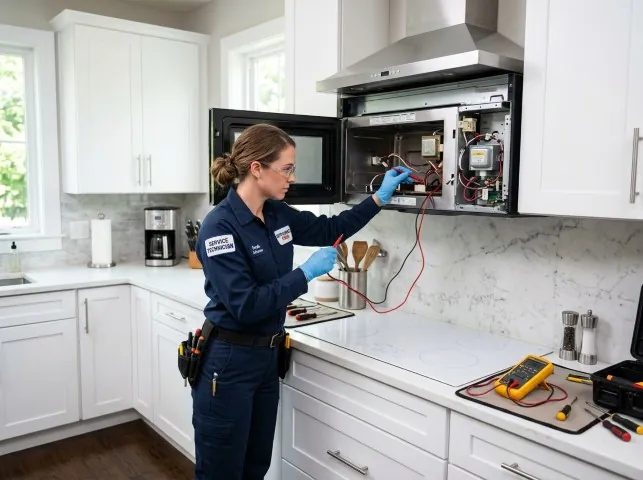 Appliance Repair Hero technician testing an over-the-range microwave in a Bethel Island, CA kitchen